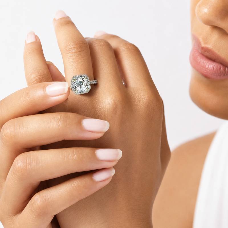 Asscher Diamond Halo Shoulder Set Ring