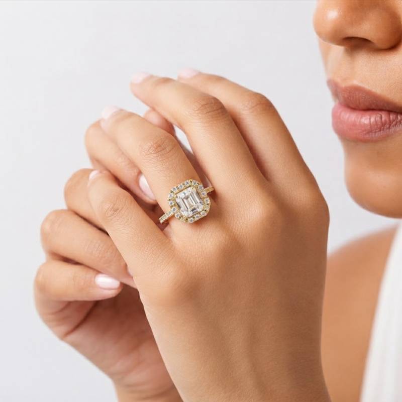 Asscher Diamond Halo Shoulder Set Ring