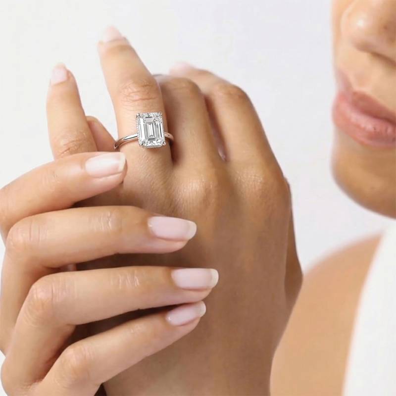 Emerald Diamond Hidden Halo Engagement Ring