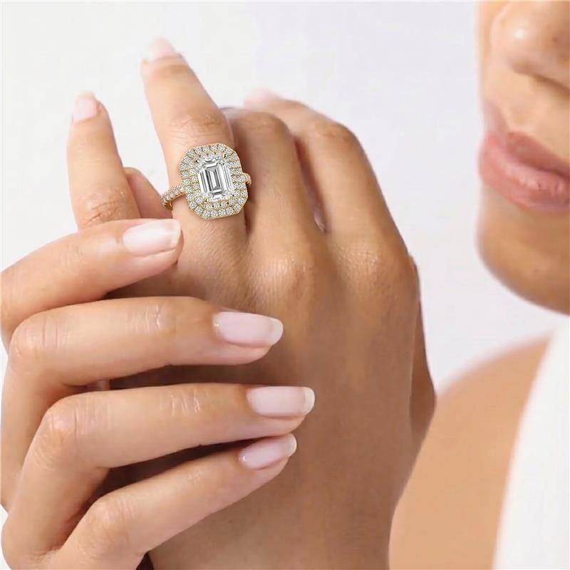 Emerald Diamond Double Halo Shoulder Set Ring