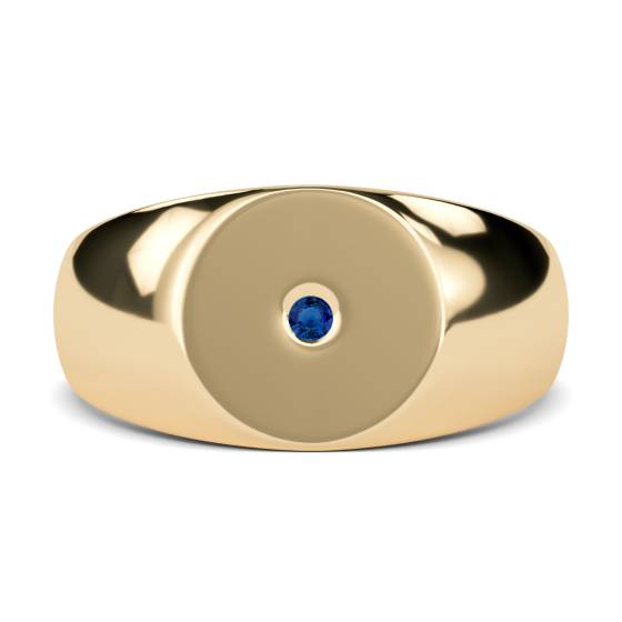 Round Blue Sapphire Gemstone Bezel Set Gents Oval Signet Ring
