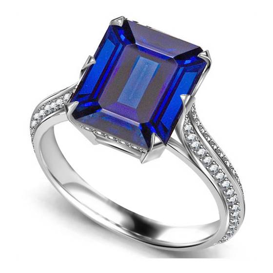 Knife Edge Blue Sapphire Emerald and Round Diamond Vintage Ring