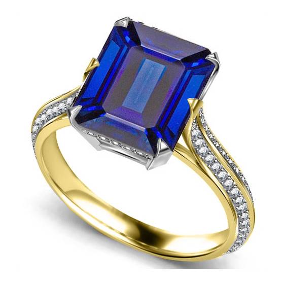 Knife Edge Blue Sapphire Emerald and Round Diamond Vintage Ring