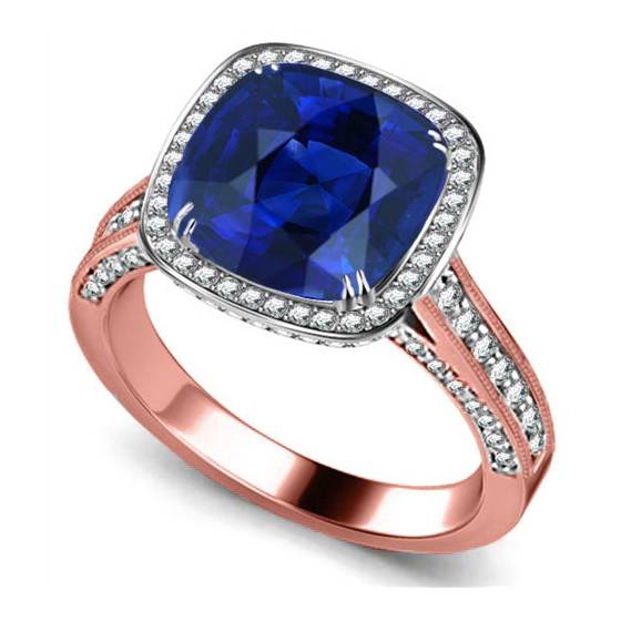 Cushion Blue Saphhire and Diamond Single Halo Ring
