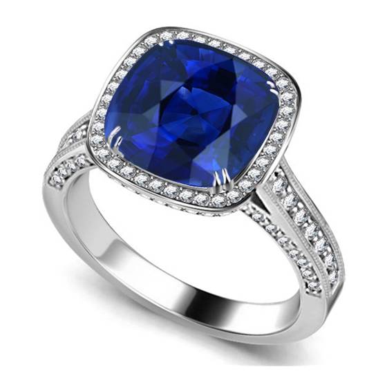 Cushion Blue Saphhire and Diamond Single Halo Ring