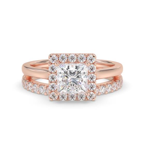 Princess Diamond Halo Ring With Matching Band