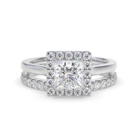 Princess Diamond Halo Ring With Matching Band
