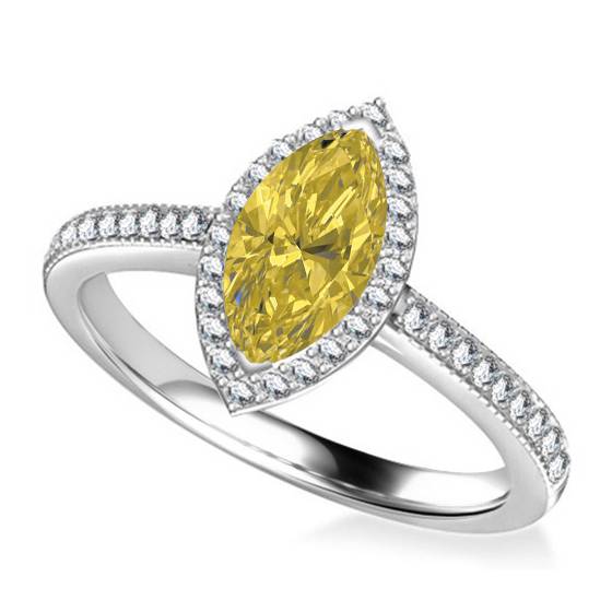Fancy Yellow Marquise Diamond Single Halo Shoulder Set Ring