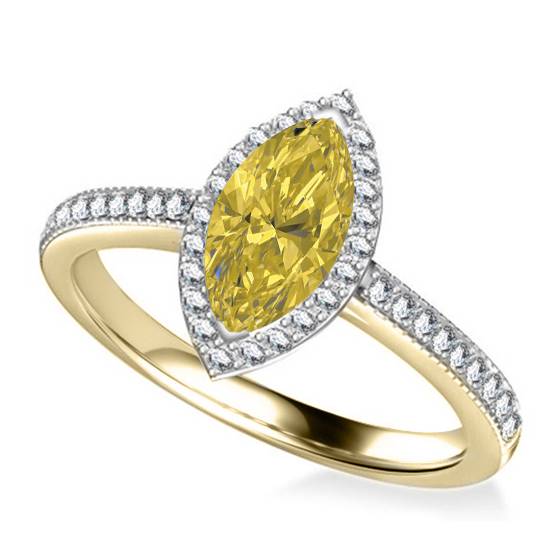 Fancy Yellow Marquise Diamond Single Halo Shoulder Set Ring