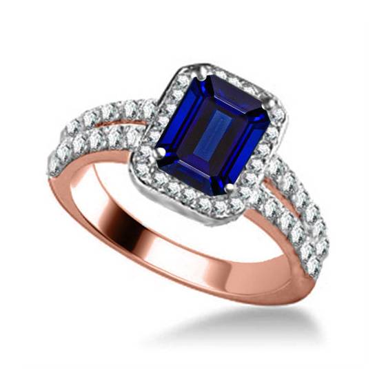 Emerald Blue Sapphire and Diamond Single Halo Shoulder Set Ring