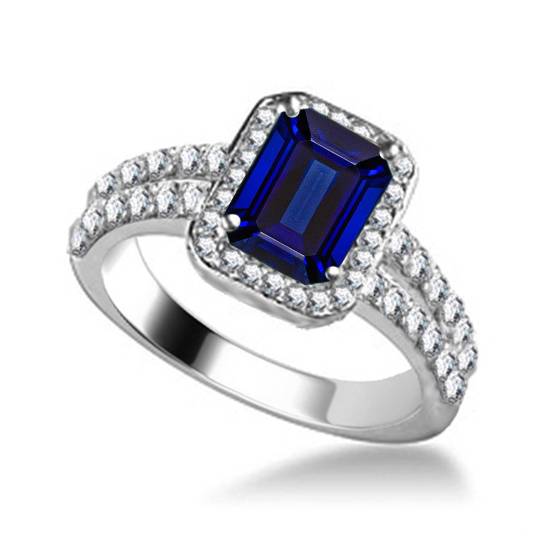 Emerald Blue Sapphire and Diamond Single Halo Shoulder Set Ring
