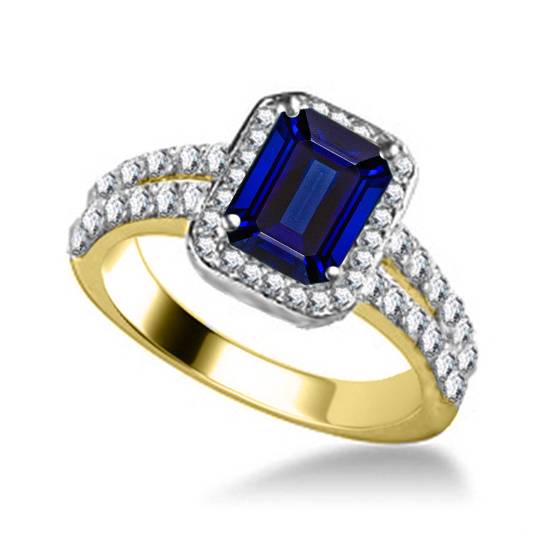 Emerald Blue Sapphire and Diamond Single Halo Shoulder Set Ring