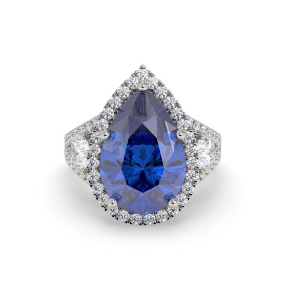 Pear Blue Sapphire Diamond Split Shoulder Set Ring