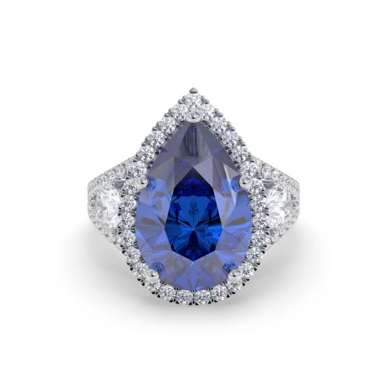 Pear Blue Sapphire Diamond Split Shoulder Set Ring