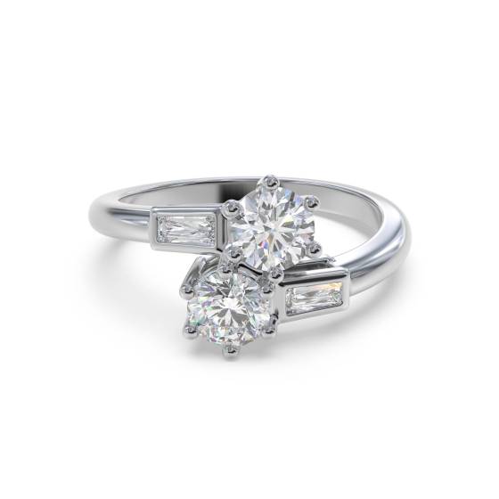 Two Stone Round and Baguette Diamonds Ring