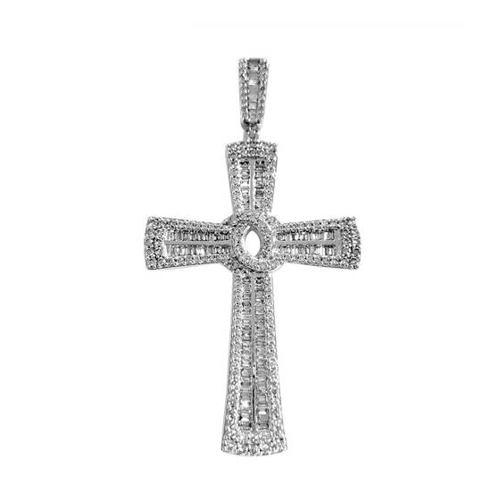 2.35ct VVS2/G Baguette and Natural Round Cut Diamond Cross Pendant in 9k White Gold