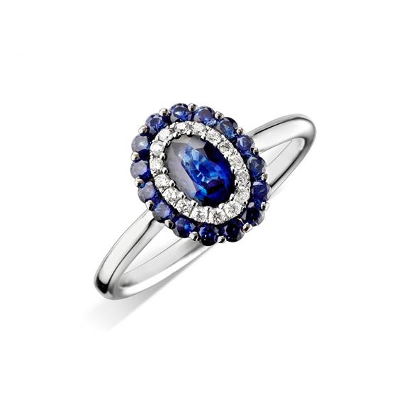 Blue Sapphire and Diamond Halo Engagement Ring
