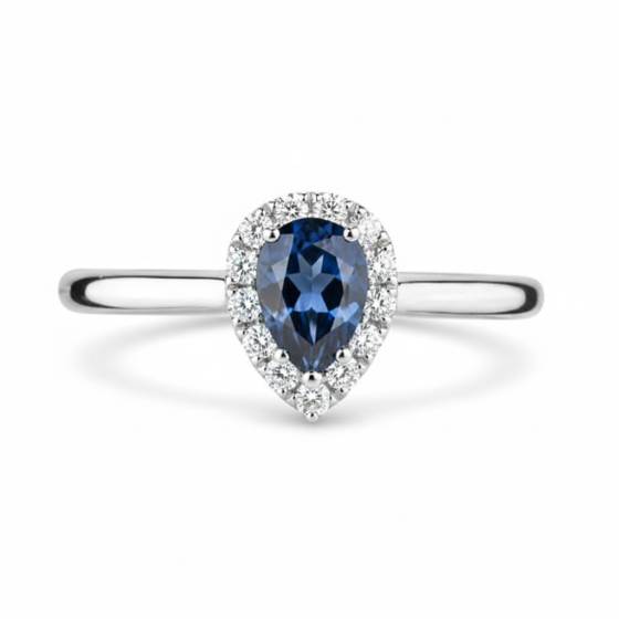 Pear Blue Sapphire and Diamond Halo Ring