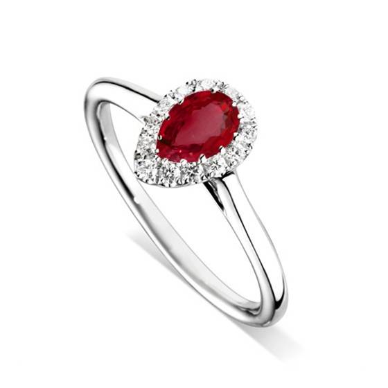 0.75ct Pear Ruby and Diamond Halo Ring