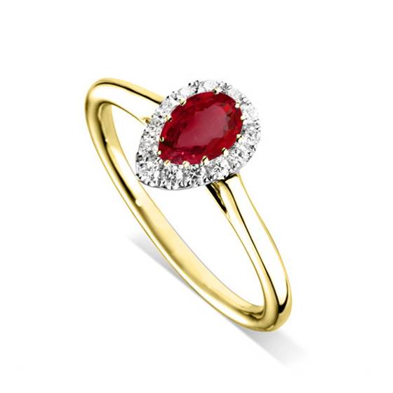 0.75ct Pear Ruby and Diamond Halo Ring