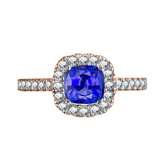 Blue Sapphire and Diamond Single Halo Shoulder Set Ring