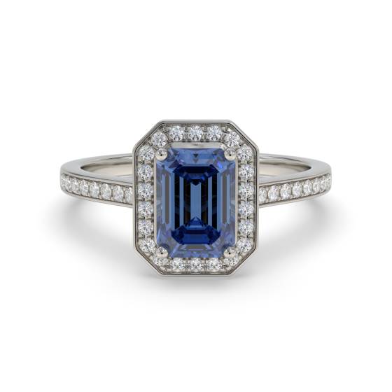 Emerald Blue Sapphire and Diamond Halo Ring