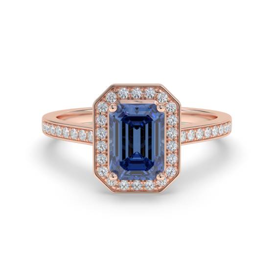 Emerald Blue Sapphire and Diamond Halo Ring