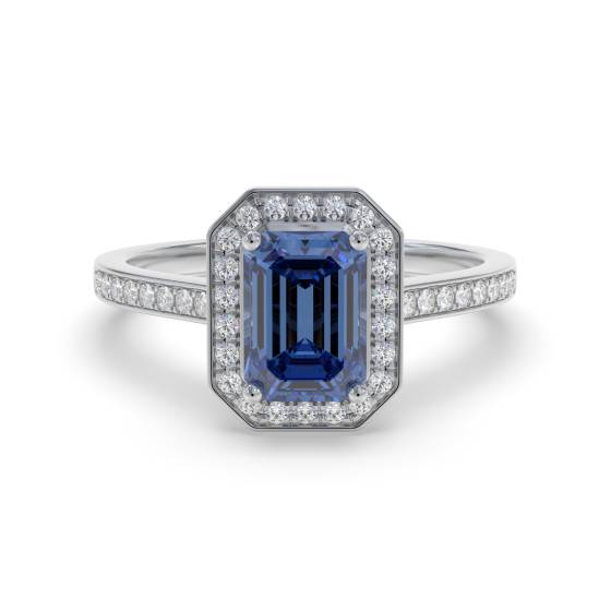 Emerald Blue Sapphire and Diamond Halo Ring