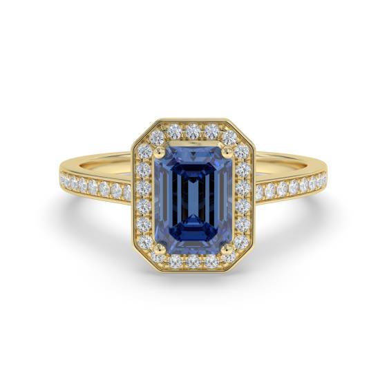 Emerald Blue Sapphire and Diamond Halo Ring
