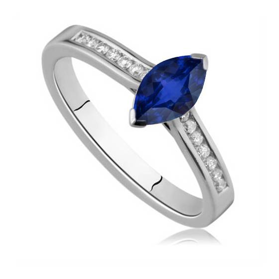 Two Prong Marquise Blue Sapphire and Round Shoulder Set Ring