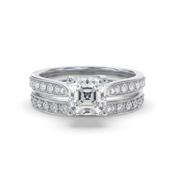 Asscher Diamond Shoulder Set Ring With Matching Band