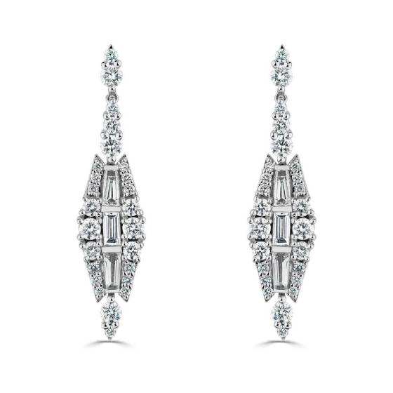 Round and Baguette Diamond Large Reflection Drop Earrings