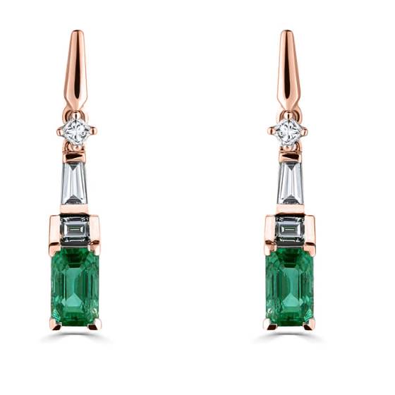 0.90ct Diamond and Emerald Art Deco Drop Earrings