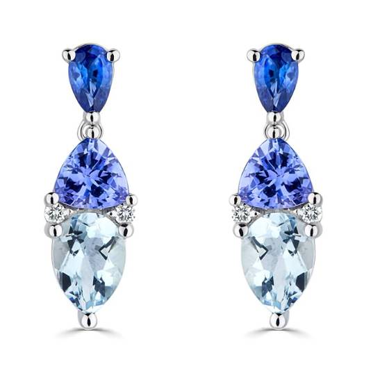 3.30ct Blue Sapphire, Tanzanite and Aquamarine Tonal Blue Pear Drop Earrings