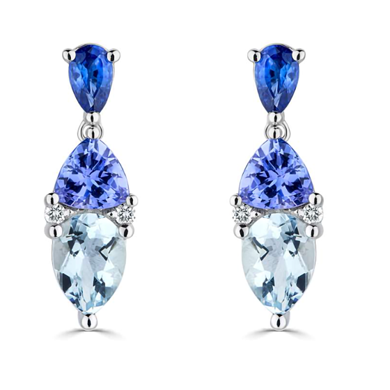 3.30ct Blue Sapphire, Tanzanite and Aquamarine Tonal Blue Pear Drop Earrings