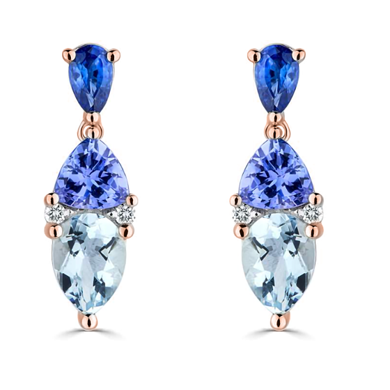 3.30ct Blue Sapphire, Tanzanite and Aquamarine Tonal Blue Pear Drop Earrings