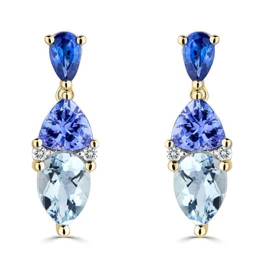 3.30ct Blue Sapphire, Tanzanite and Aquamarine Tonal Blue Pear Drop Earrings