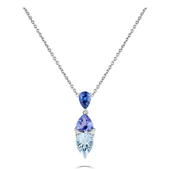 2.30ct Blue Sapphire, Tanzanite and Aquamarine Tonal Blue Pear Drop Necklace