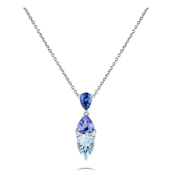 2.30ct Blue Sapphire, Tanzanite and Aquamarine Tonal Blue Pear Drop Necklace