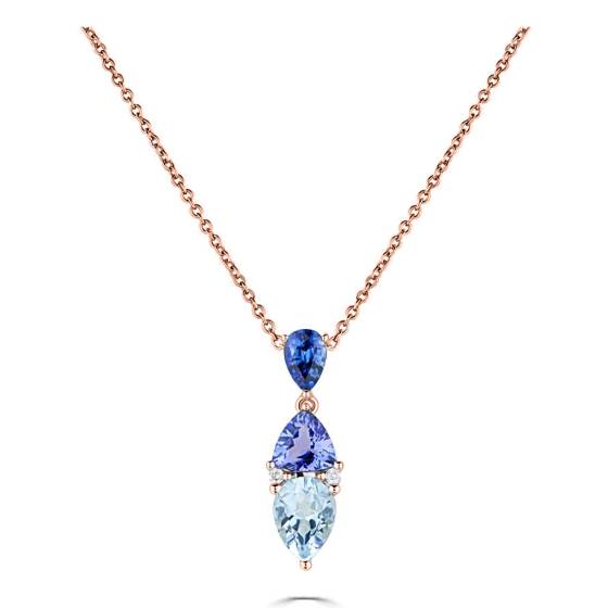 2.30ct Blue Sapphire, Tanzanite and Aquamarine Tonal Blue Pear Drop Necklace
