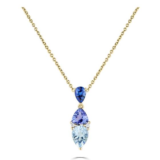 2.30ct Blue Sapphire, Tanzanite and Aquamarine Tonal Blue Pear Drop Necklace