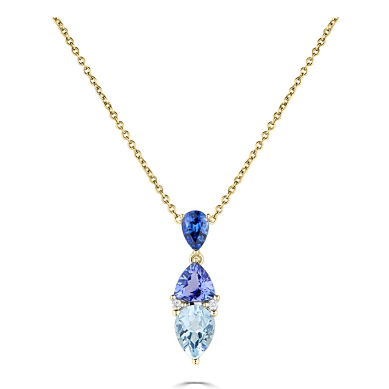 2.30ct Blue Sapphire, Tanzanite and Aquamarine Tonal Blue Pear Drop Necklace