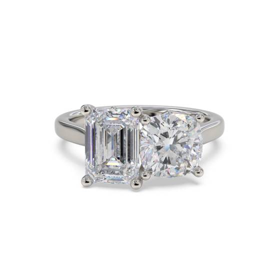 Emerald and Cushion Two Stone Diamond Ring