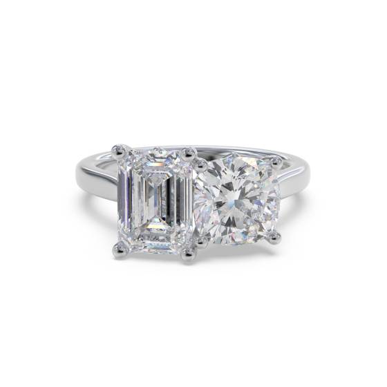 Emerald and Cushion Two Stone Diamond Ring