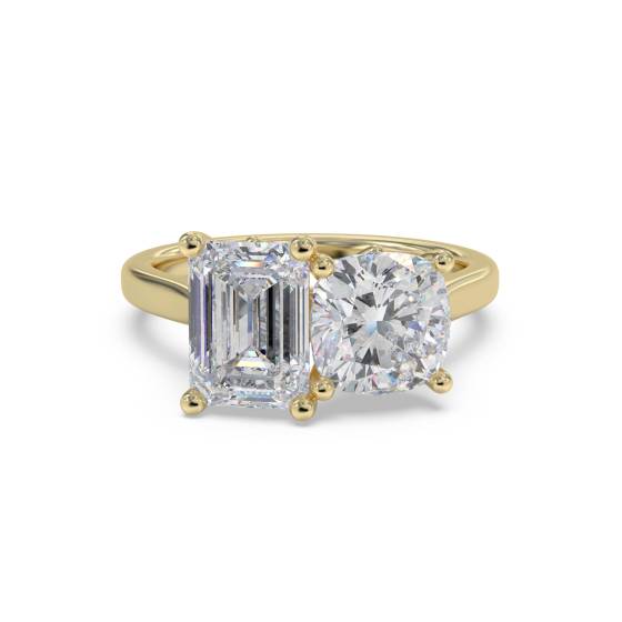 Emerald and Cushion Two Stone Diamond Ring