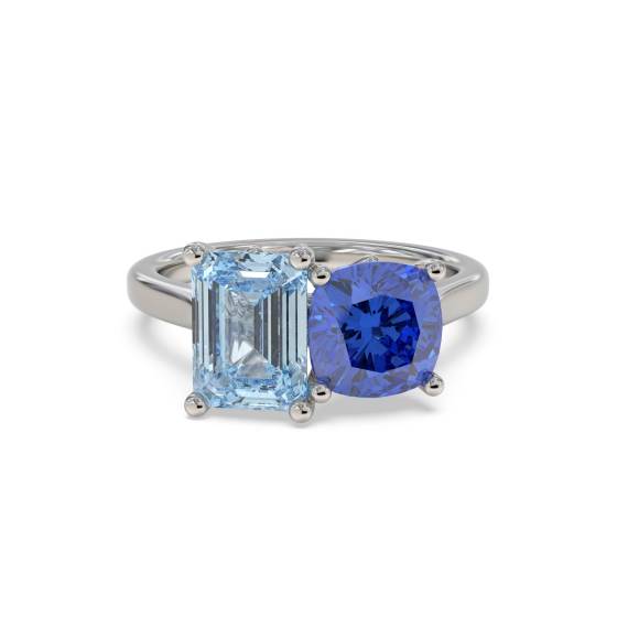 2.00ct Emerald and Cushion Aquamarine and Tanzanite Ring
