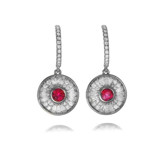 0.75ct Ruby and Diamond Bezel Set Art Deco Inspired Drop Earrings