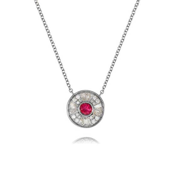 0.45ct Ruby and Diamond Art Deco Inspired Circle Bezel Set Necklace