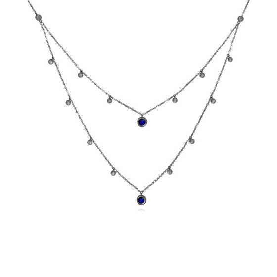 0.60ct Blue Sapphire and Diamond Bezel Set Layered Necklace
