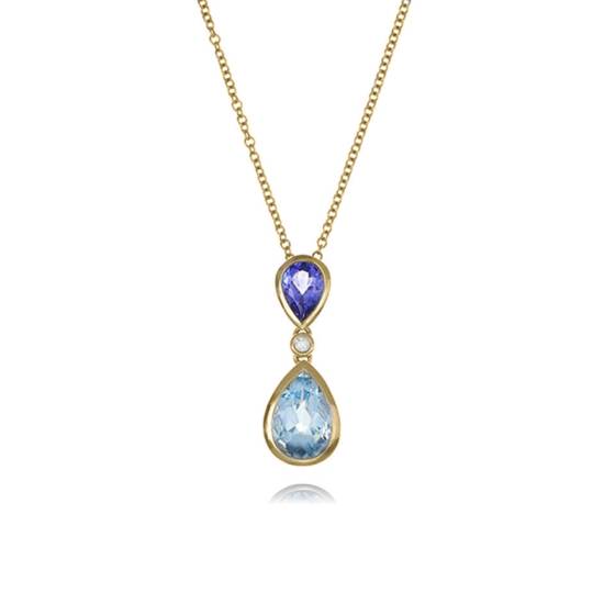 0.05ct Tanzanite and Aquamarine Pear Drop Pendant and Chain